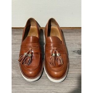 Stuart Weitzman Mens Cognac Brown Leather Tassel Lug Sole Loafers Made in Spain